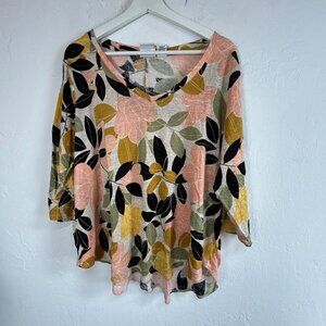 Rachel Zoe Womens Floral Print 3/4 Sleeve V-Neck Linen Top Size 2X Pink Casual